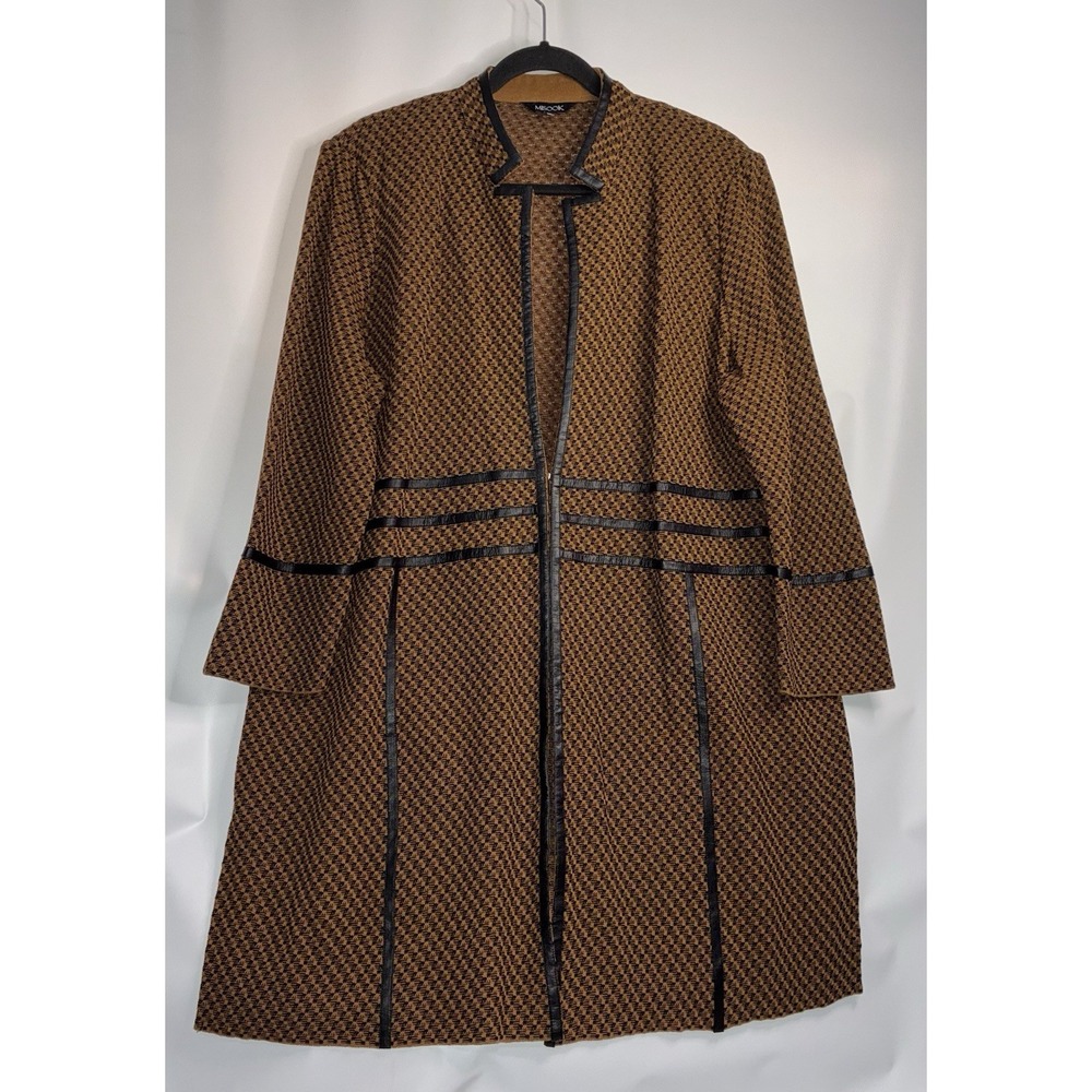 Misook Knit Long Cardigan Jacket Women's XL Brown Black Faux Leather Trim